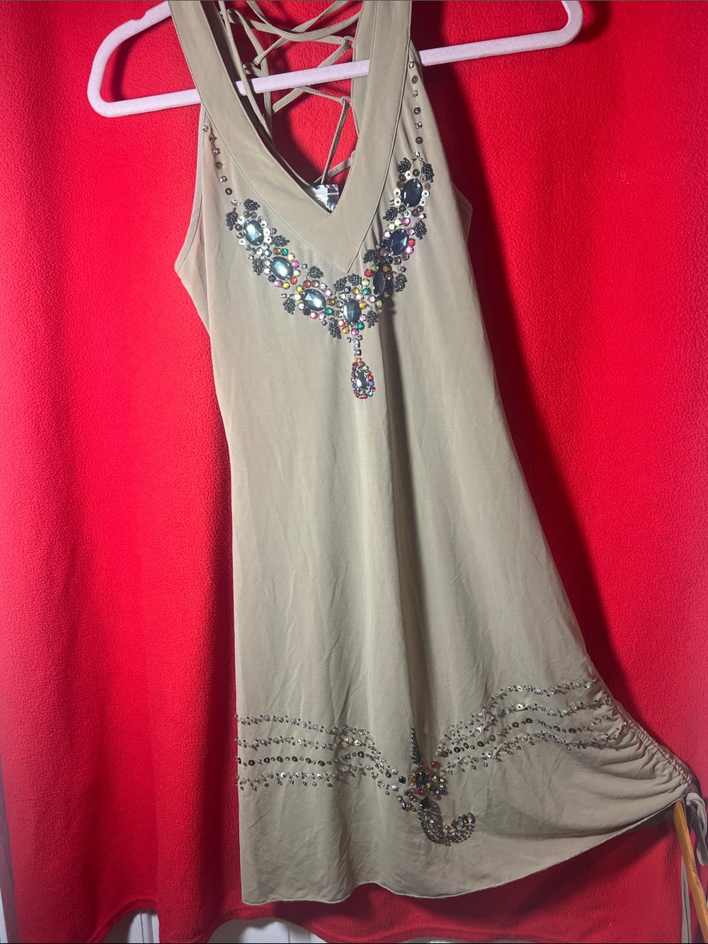 Peppe Peluso Olive Green Embellished V-Neck Tank Top